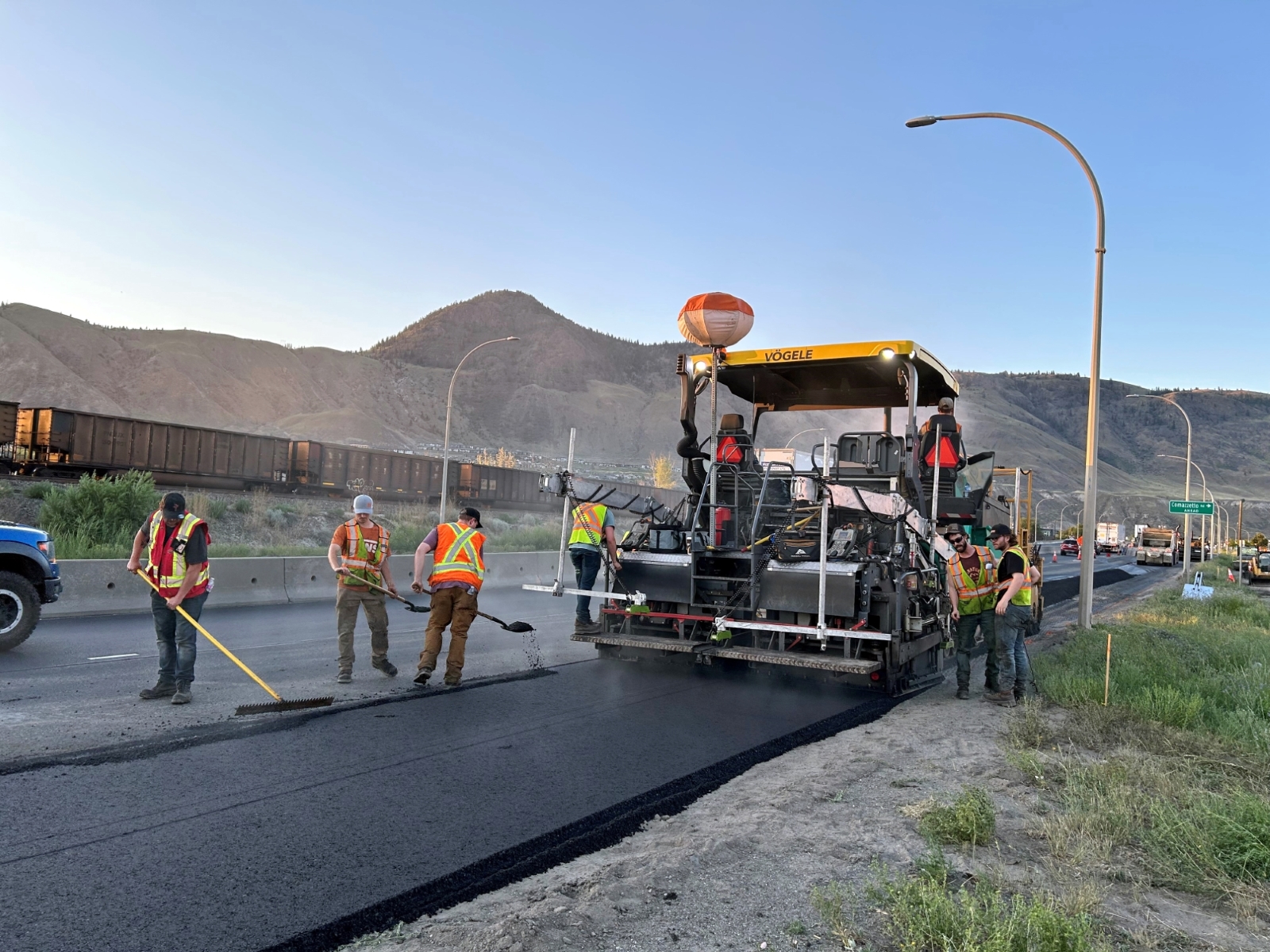 Dawson Construction paving on the BC Highway 1 Trans Canada Highway in Kamloops, British Columbia.
