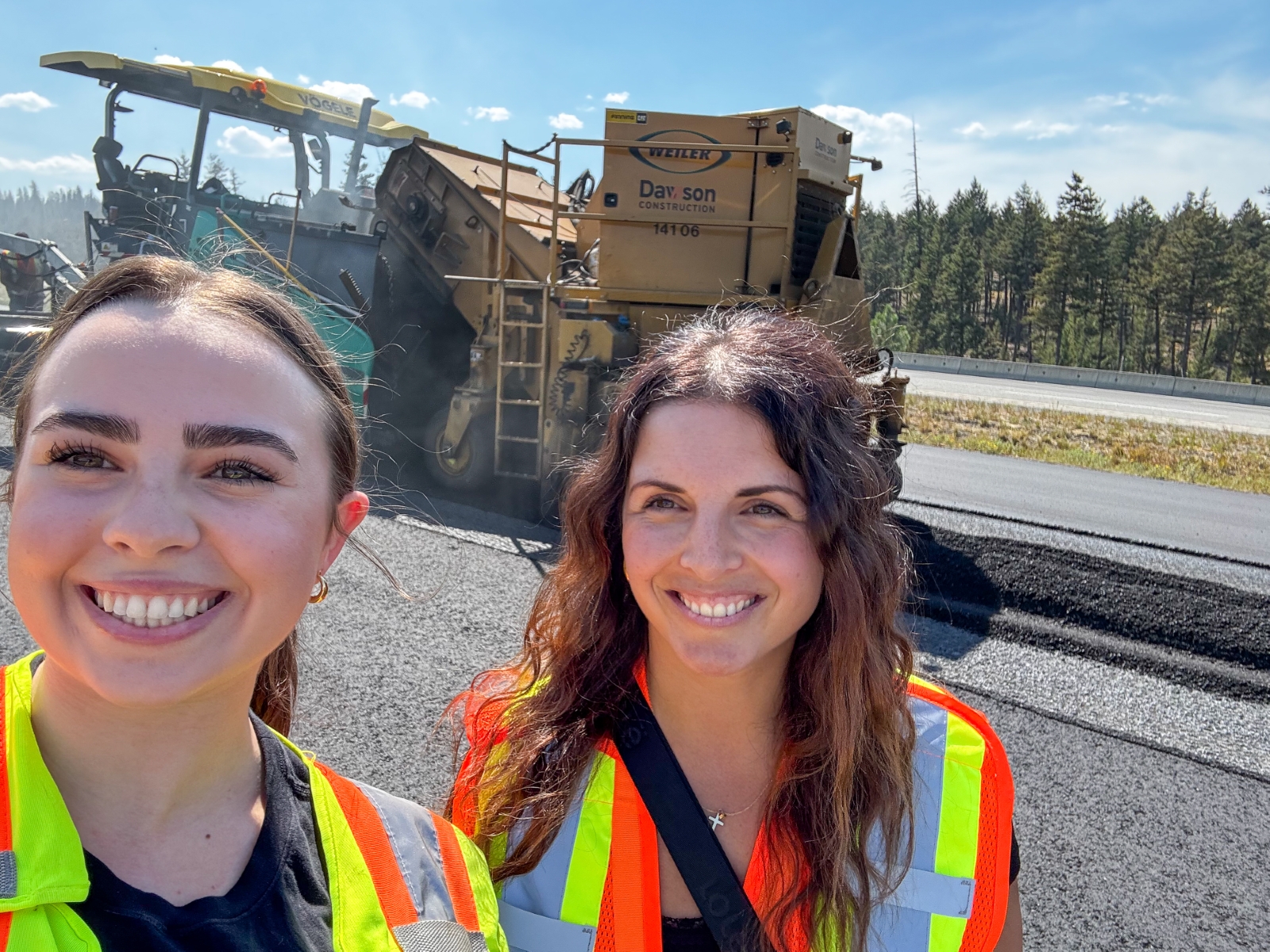 Olivia Eccleston and Bianca Martin from Dawson's HR team on site at the Highway 5 paving project near Kamloops